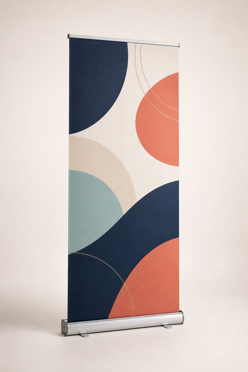 Retractable roll-up banner stand with abstract geometric design